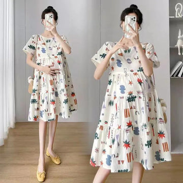 Saashi Maternity Summer Dress - A-line Loose, Short Sleeve, Irregular Print