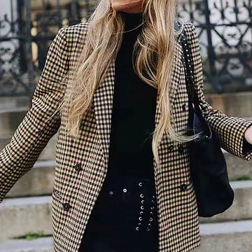 Saashi Double Breasted Pockets Formal Jackets Checkered Women's Blazers