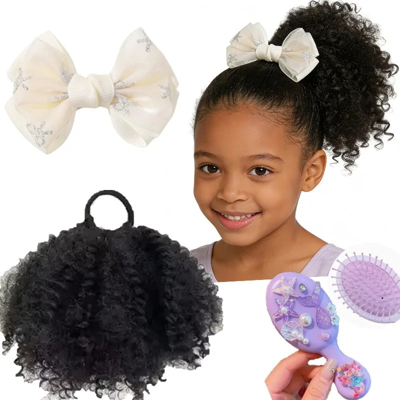 Saashi Kids Afro Kinky Curly Puff Ponytail Extension – Elastic Hairpiece with Bow Clip & Cushion Brush