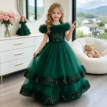 Saashi Girls Green Sequined Lace Princess Party Dress