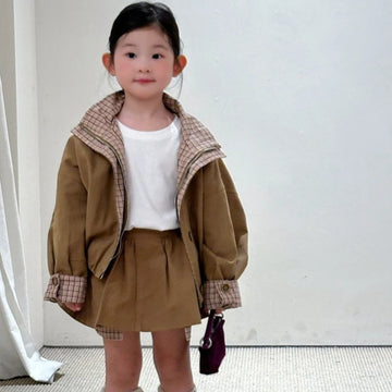 Saashi Girls Retro Plaid Cardigan Coat & Pleated Skirt Set