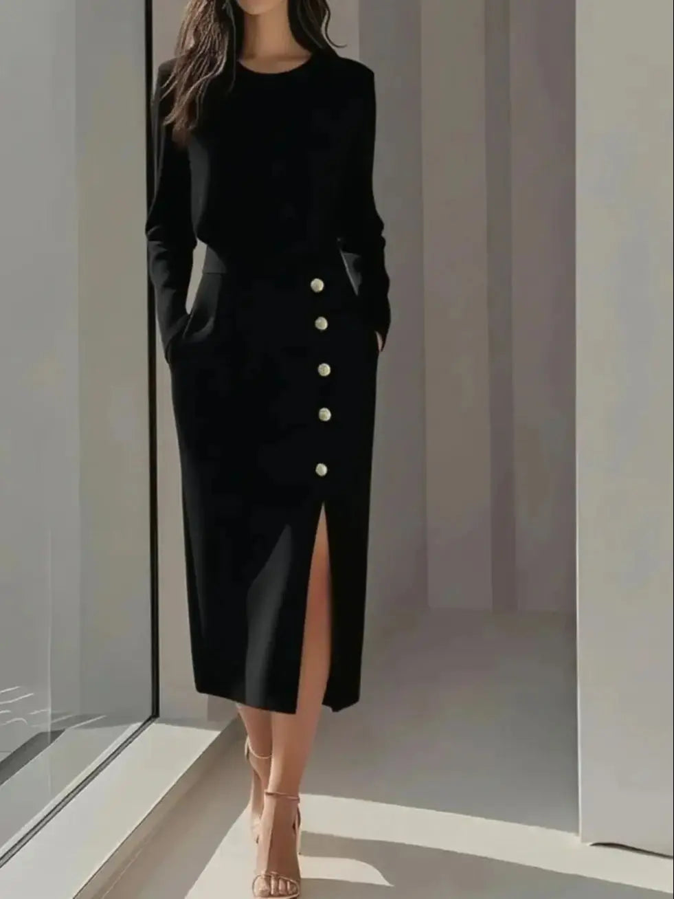 Saashi Button Detail Long Sleeve Midi Dress