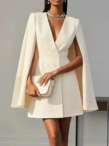 Saashi Women's Commuter Solid Double Breasted V-neck Shawl Cape Sleeve Midi Dress.