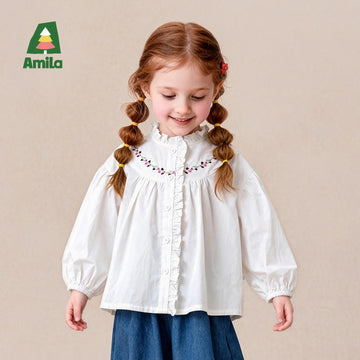 Saashi Girls Floral Fruit Embroidery Doll Blouse – Cute Long Sleeve Autumn Top