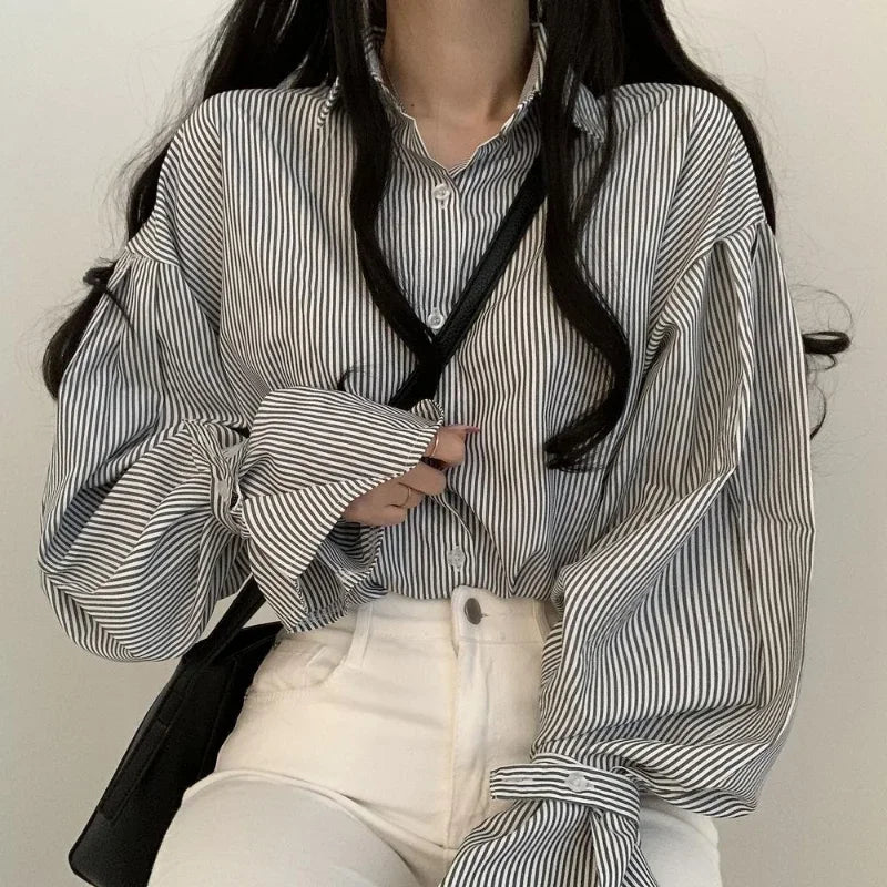 Saashi Women's Spring Lantern Sleeve Blue Stripe Loose Casual Office Lady Blouse.