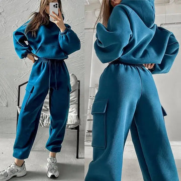 Saashi Casual Tracksuit Set Solid Fleece Pullover Joggers Outfit for Women
