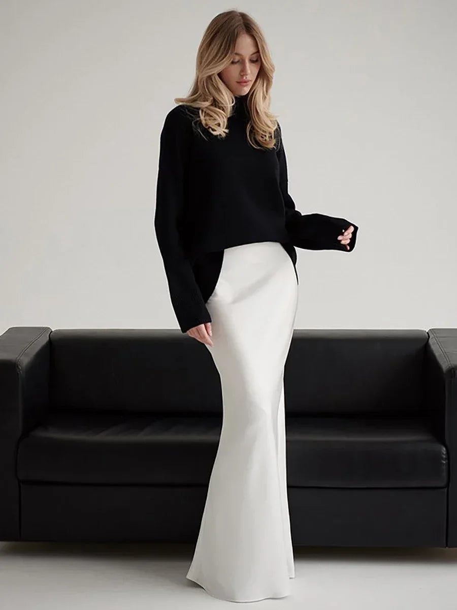 Saashi Women's Casual Satin Loose High Waist Elegant Simple Silk Fishtail Skirt