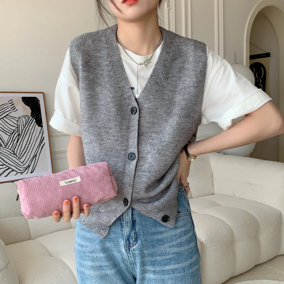 Saashi Retro Corduroy Pencil Case Travel Cosmetic Lipstick Stationery Storage Bag Women.
