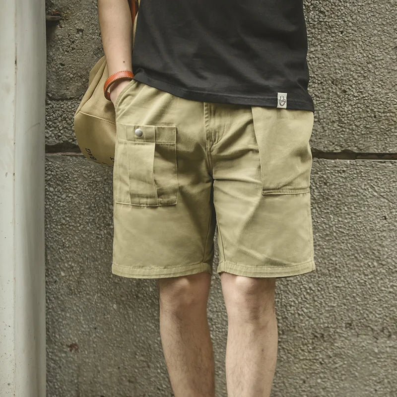 Saashi Maden Vintage P37 Cotton Cargo Shorts Men's Summer Solid Color Adjustable.