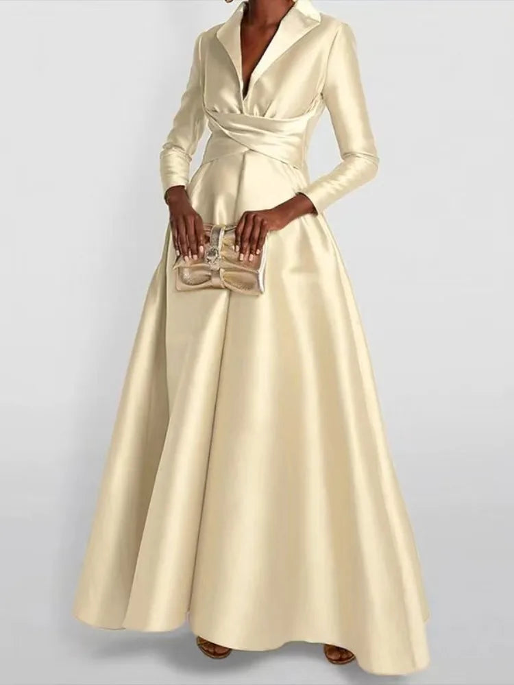 Saashi Women's Elegant Solid Color Long Sleeves V-Neck High Waist Maxi Dress.