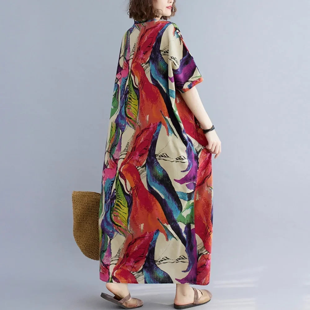 Saashi Cotton Linen Vintage Harajuku Streetwear Maxi Dress for Women, Elegant Beach Style