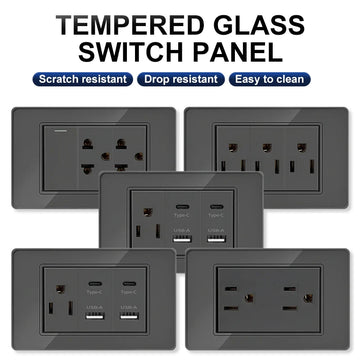 Saashi Labor Day Tempered Glass Wall Socket – US/Thai 110V Outlet with Dual USB & USB-C Ports and Light Switch