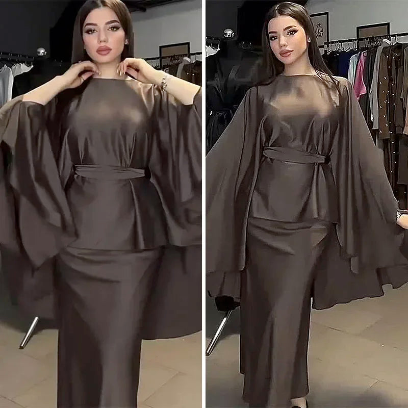Saashi Elegant Round Neck Bat Sleeve Top and High Waist Long Skirt Two-Piece Set