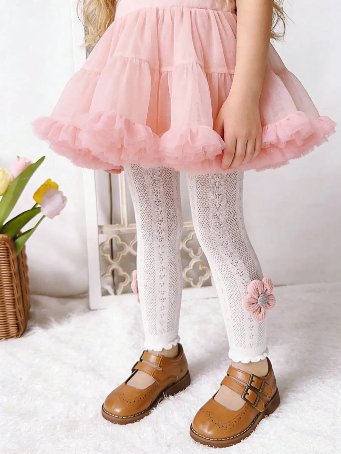 Saashi Girls 3D Flower Mesh Capri Tights – Breathable Anti-Mosquito Leggings for Spring & Summer