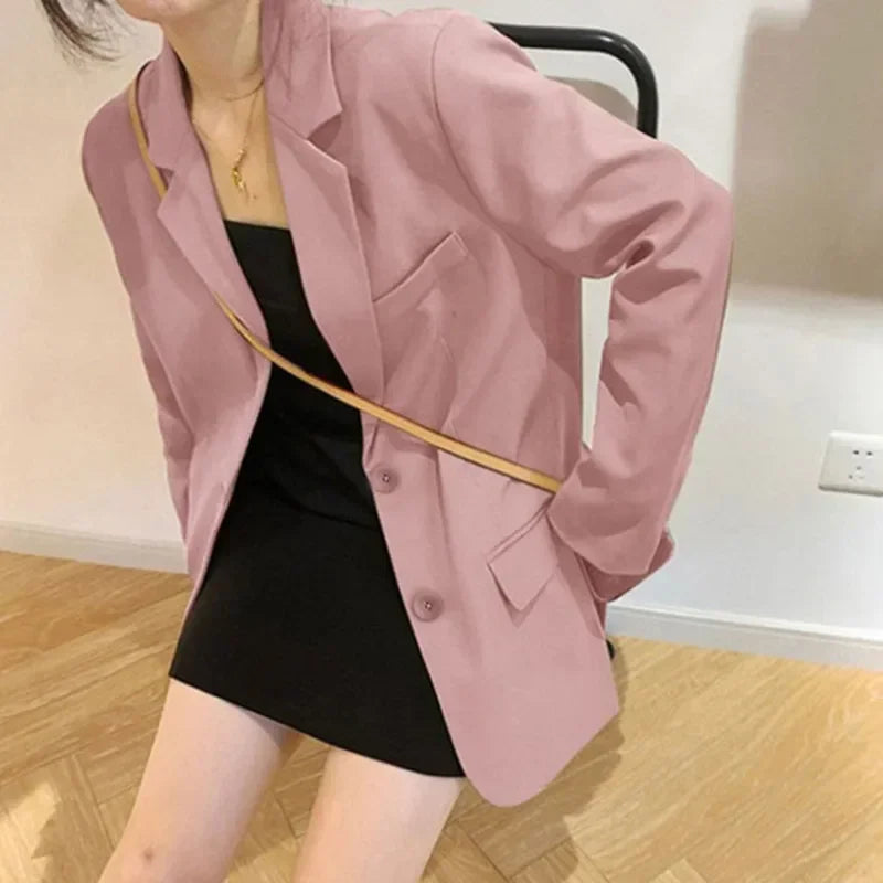 Saashi Women's Korean Version Loose Pink Office Lady Tailored Collar Casual Blazer.