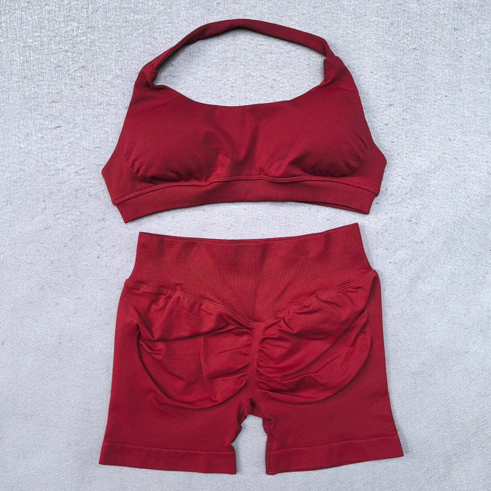 Saashi Women's Gym Set Scrunch Shorts Halter Sports Bra Fitness Top Yoga Sportswear Outfits