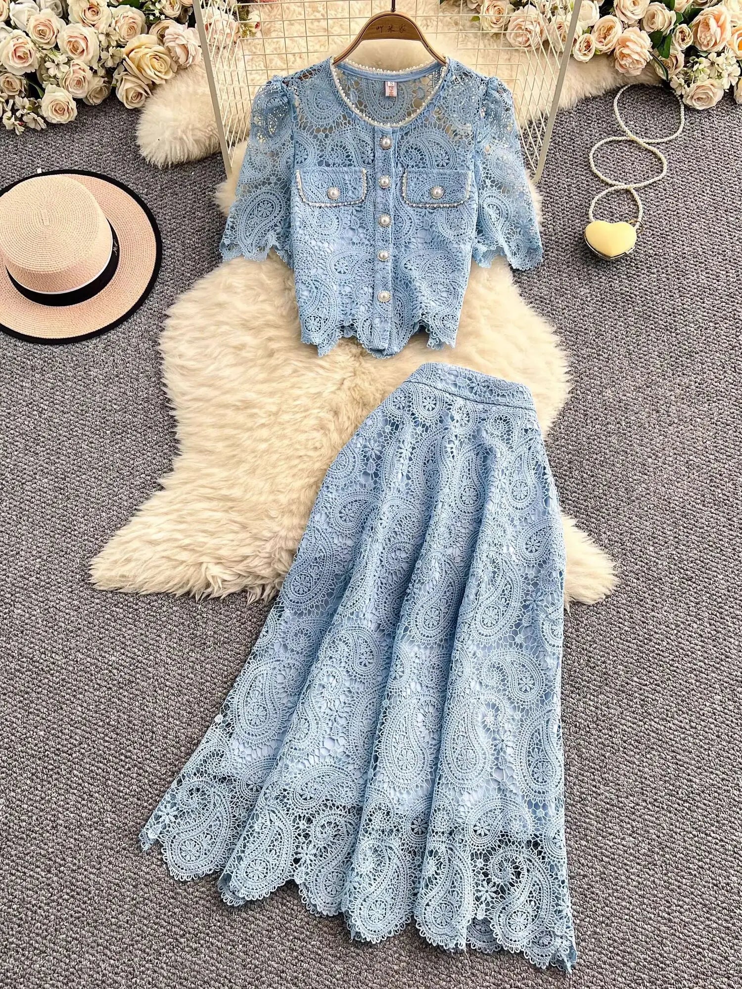 Saashi Elegant Pearl Long Dress Set with Short Sleeve Lace Top and A-Line Midi Skirt