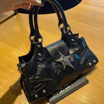 Saashi Y2K Korean Gothic Star Girl Black Shoulder Bag Vintage Grunge Punk Goth Bucket Tote Purse