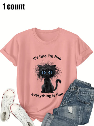 Saashi Plus Size Sarcastic Cat Graphic Tee for Women Loose Fit Pink Short Sleeve T-Shirt