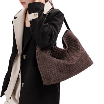 Saashi Women's 2025 Large-Capacity Woven Shoulder Commuter Tote Vintage Suede Crossbody Bag.