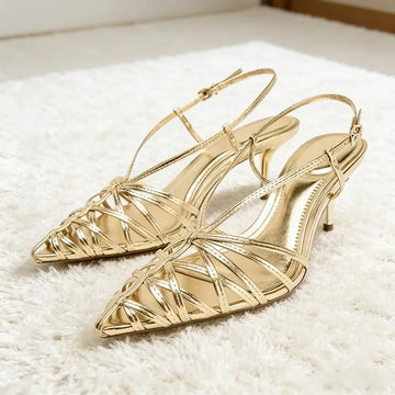 Saashi Luxury Gold Narrow Strap Heeled Sandals Women Pointed Toe Back Strap Roman Pumps