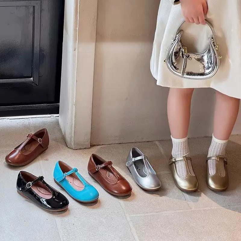Saashi Girls Solid Color PU Leather Flats – Anti-Slip Silver & Black Casual Shoes