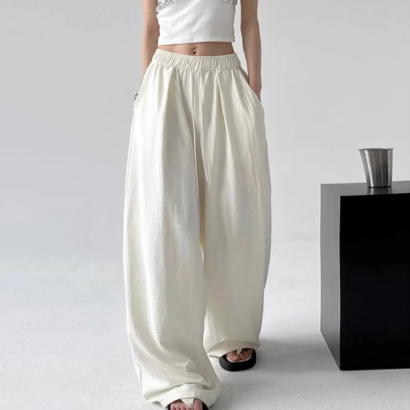 Saashi Baggy Wide Leg Sweatpants for Women High Waisted Ice Silk Casual Trousers