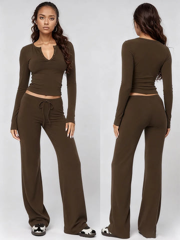 Saashi Women's Solid Color Two Piece Pajamas Long Sleeve Pullover Drawstring Loungewear.