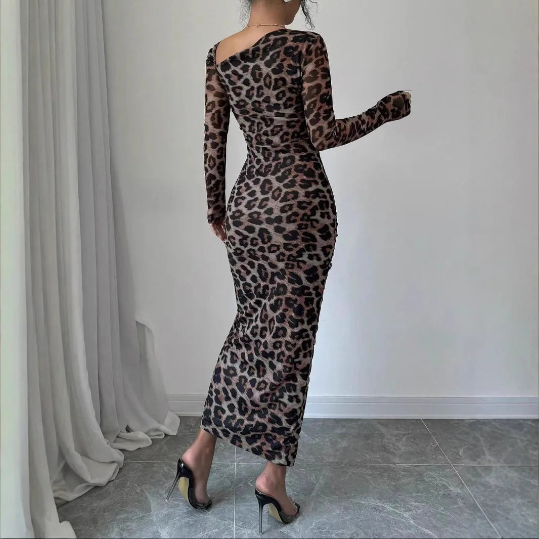 Saashi Leopard Print Ruffle Slit Dress, Sexy Bodycon Package Hip Vestido