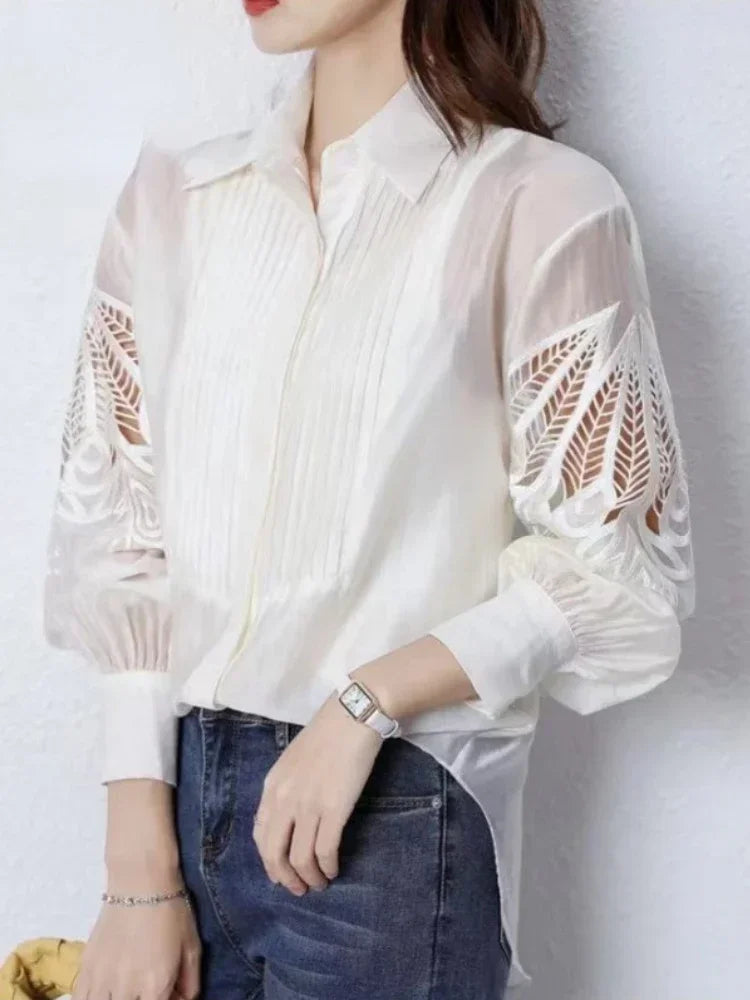 Saashi Women’s Turn-Down Collar Flower Hollow Out Pleated Long Sleeve Office Shirt