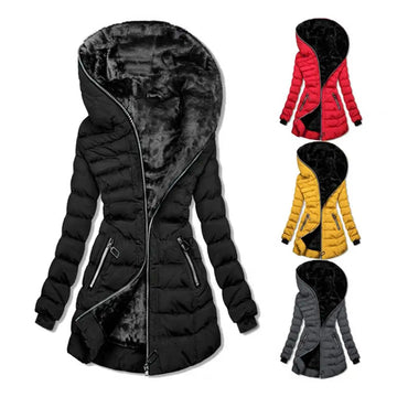 Saashi Mid-Length Hooded Down Jacket Plush Lined Warm Outdoor Coat