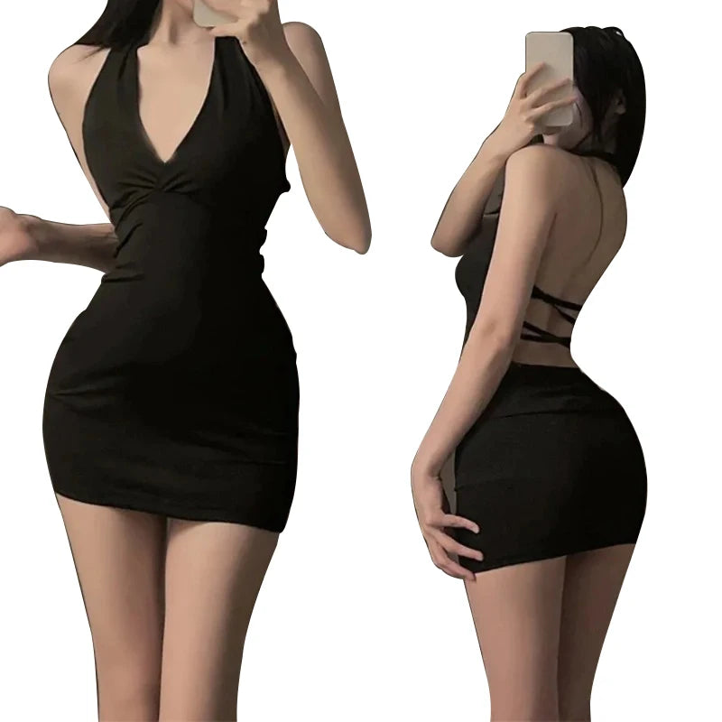 Saashi Women's Sexy Halter Backless Slim V-neck Wrap Black Party Mini Dress