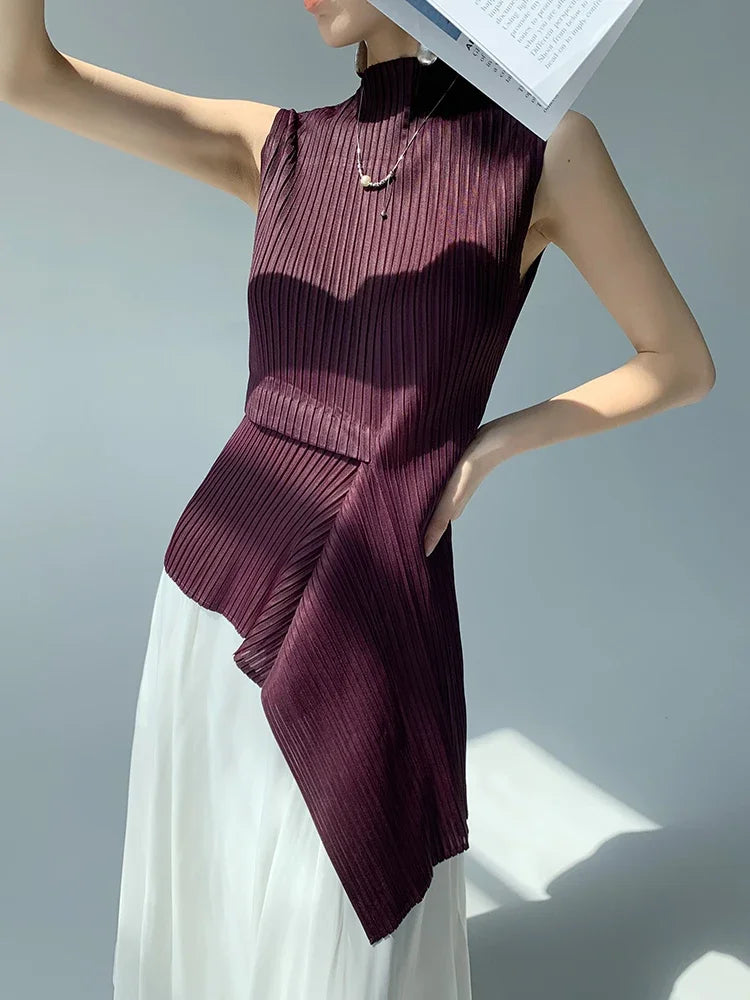 Saashi Women’s Pleated Vest Asymmetric Design Sleeveless Round Neck Slim Fit Top