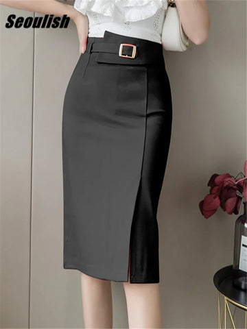 Saashi Women's Spring Summer Wrap Midi High Waist Front Split Pencil Skirt