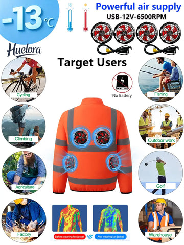 Saashi Labor Day Summer Cooling Safety Jacket – 4-Fan USB-Powered Vest with High-Speed Cooling for Traffic, Construction & Warehouse Work