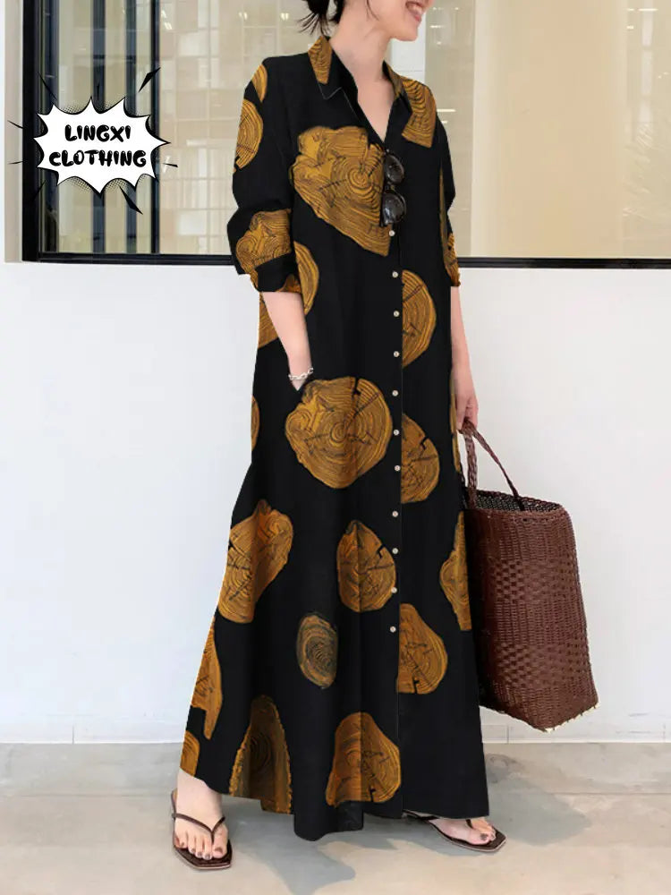 Saashi Women's Elegant Large Lapel Button Cotton Hemp Print Long Sun Dress