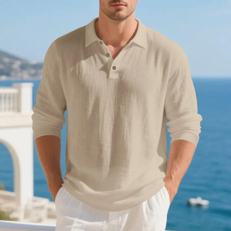 Saashi Men's Spring Autumn Linen Long-sleeved Polo Shirt American Loose Light Top.