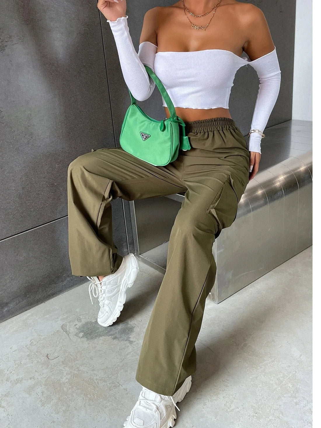 Saashi Women's Fashion Baggy Joggers Elastic High Waist Chic Straight Cargo Pants