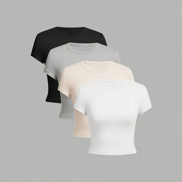 Saashi 4PCS Solid Color Basic Tight Fit T Shirt Set for Women Casual Minimalist O Neck Tops