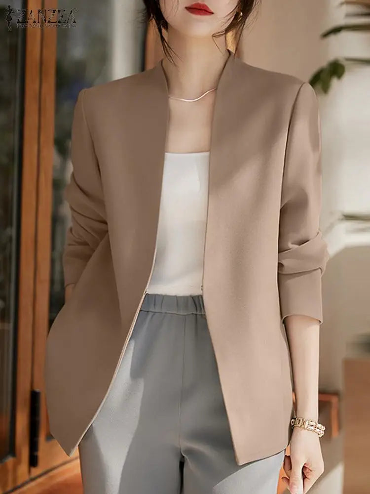 Saashi Women's Autumn Cardigan Solid Office Work Suit V-neck Long Sleeve Blazer.