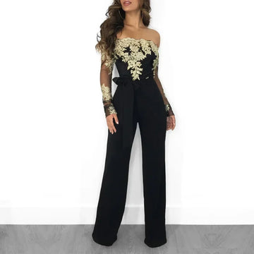Saashi Lace Patchwork Jumpsuit - Women's Off-Shoulder, Wide Leg