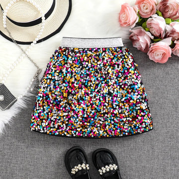 Spring and Autumn New Shiny Sequin A-line High-Waist Skirt for Girls; Single Piece