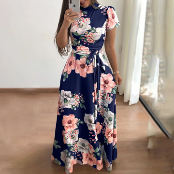 Saashi Women's Floral Print Boho A-Line Short Sleeve High Waist Maxi Dress