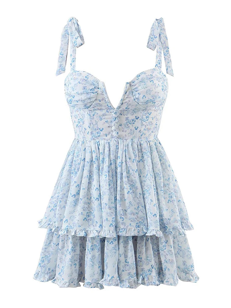 Saashi Floral Ruffle Cake Mini Chiffon Dress with Straps, Holiday Partywear