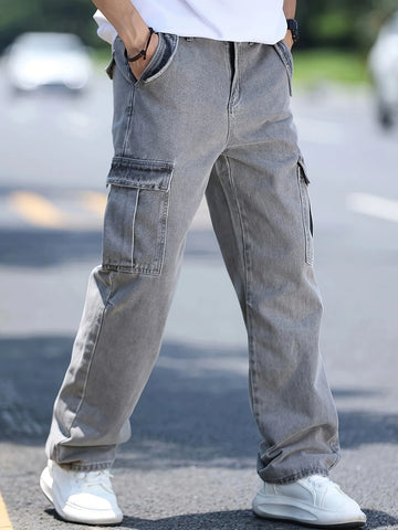 Saashi Men's Multi-pocket Denim Work Pants Straight-leg Large-capacity Pocket Lumberjack Jeans.