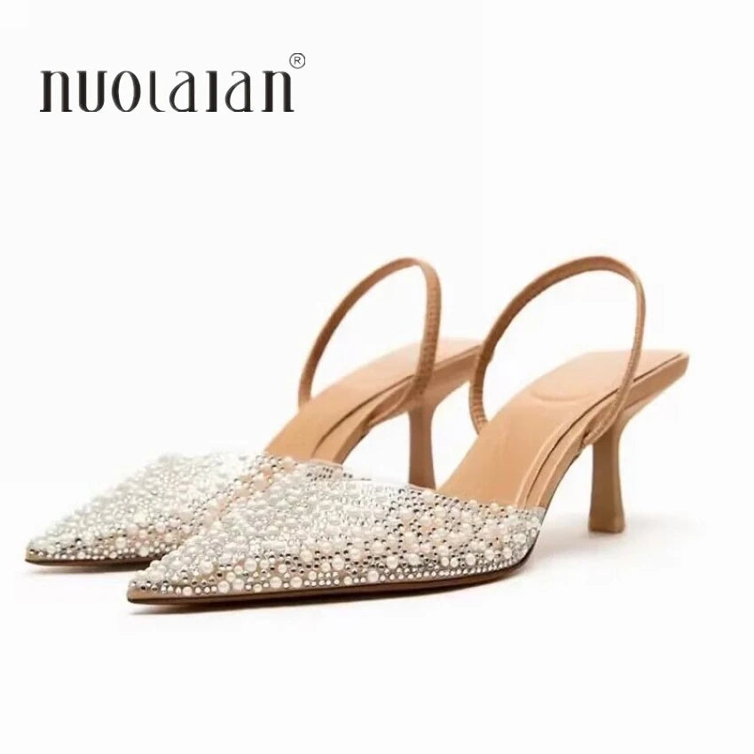 Saashi 2024 Fashion Summer Women High Heels Pearl Decoration Slingback Pointed Toe Elegant Sandals