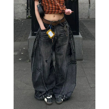 Saashi Women's Black Vintage High Waisted Cargo Y2K Wide Leg Baggy Jeans