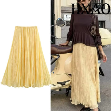Saashi Women's HXAO Pleated Long Fairy Tulle Midi High Waist Ruffled Yellow Skirt