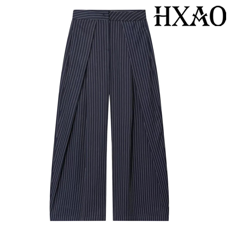 Saashi Women's Baggy Wide Minimalist Pleated Stripe Office Green Oversize Suit Trousers.