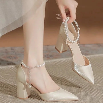 Saashi 2025 Elegant Pearl-Embellished Satin Heels 5cm Chunky Low Heel Bridal Ankle Strap
